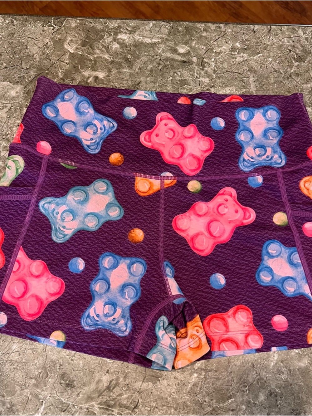Constantly Varied Gear Purple Athletic Shorts with Pink & Blue Gummy Bear Print